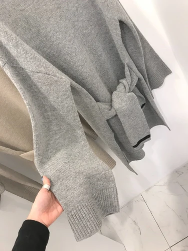 2019 Autumn Winter Kahaki Knitted Sweater Fake Sleeve Bandage Waist Korean Style Woman Jumpers | Женская одежда