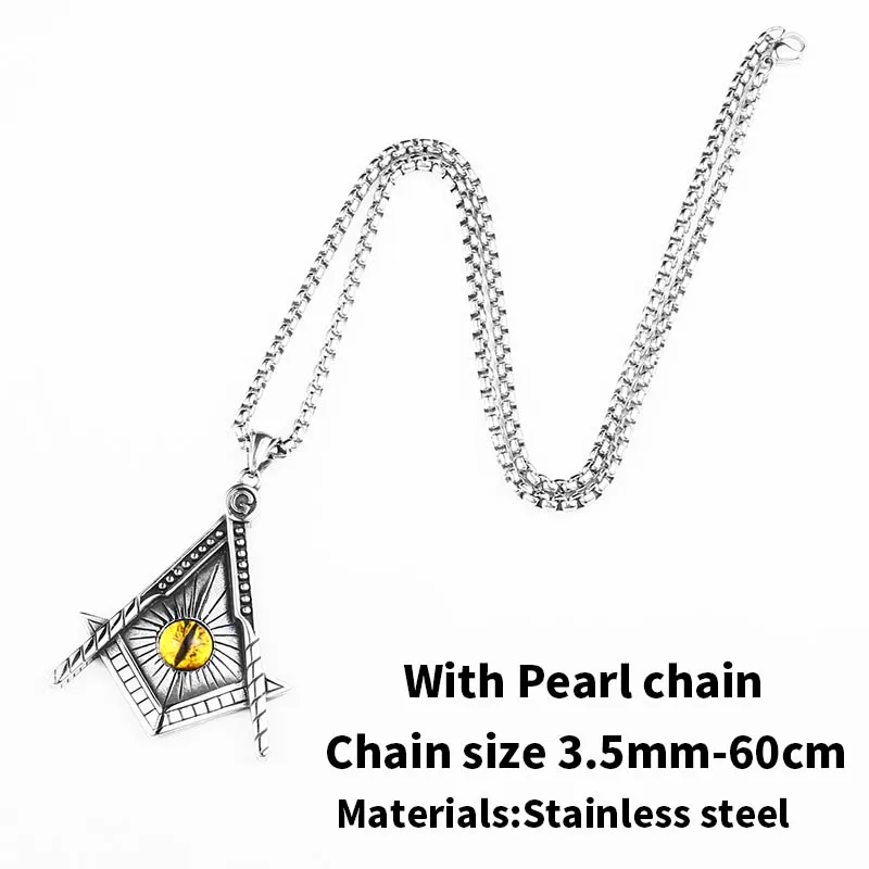 with pearl chain Стальная подвеска солдата free Mason, ожерелье с желтым глазом, нержавеющая сталь, Панк иллюминаты, Мужская Байкерская цепь, готическое ювелирное изделие - Окраска металла: with pearl chain