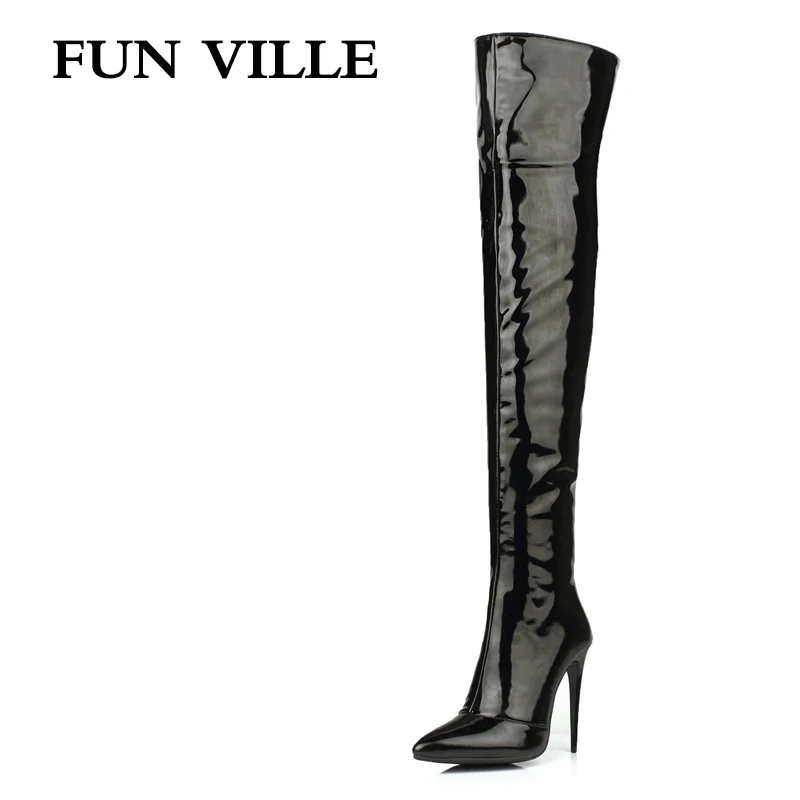 

FUN VILLE 2017 New Fashion Sexy Women Over the knee Boots High Heel patent leather + pu Pointed toe Lady botas shoes size 34-43