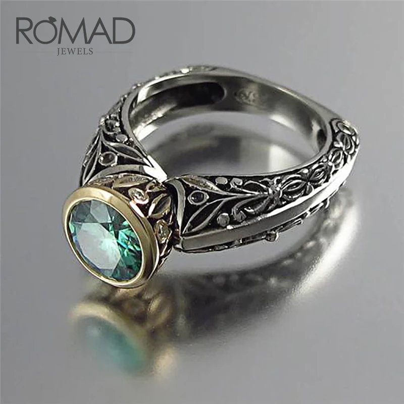 Мужское Винтажное кольцо ROMAD из нержавеющей стали с зеленым кристаллом резьба по