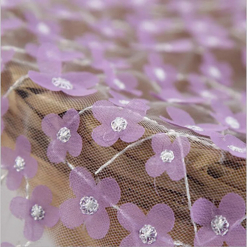 Маленький розовый цветок Сетчатое вышитое кружево ткань для свадебного платья