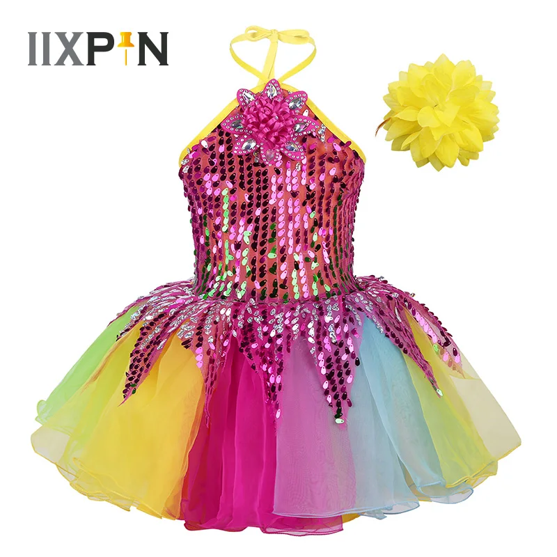 

Kid Girls Dress Dance wear Halter Neck Sequins 3D Flower Applique Tutu Dress with Wristband Ballet Dance Dress Stage Performance