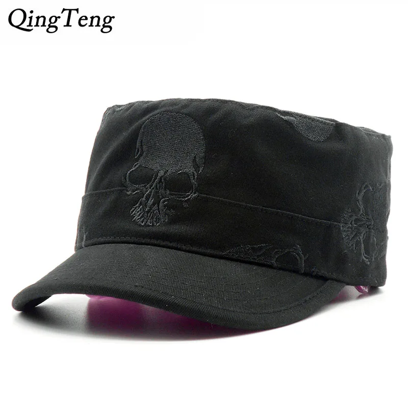

High Quality Men Vintage Flat Top Caps Embroidery Skull Military Hats Luxury Casual Women Baseball Hat Cotton Black Army Cap