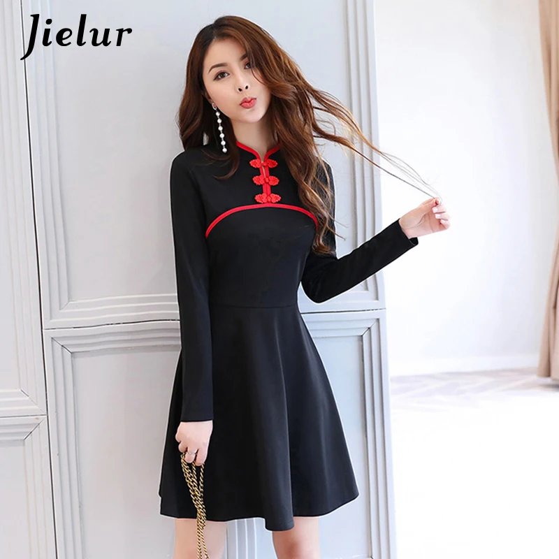 Jielur Chinese Style A Line Elegant Dress Women Cheongsam Design Mini Vestido Vintage S-XL Winter Autumn Fashion Red Robe Femme | Женская