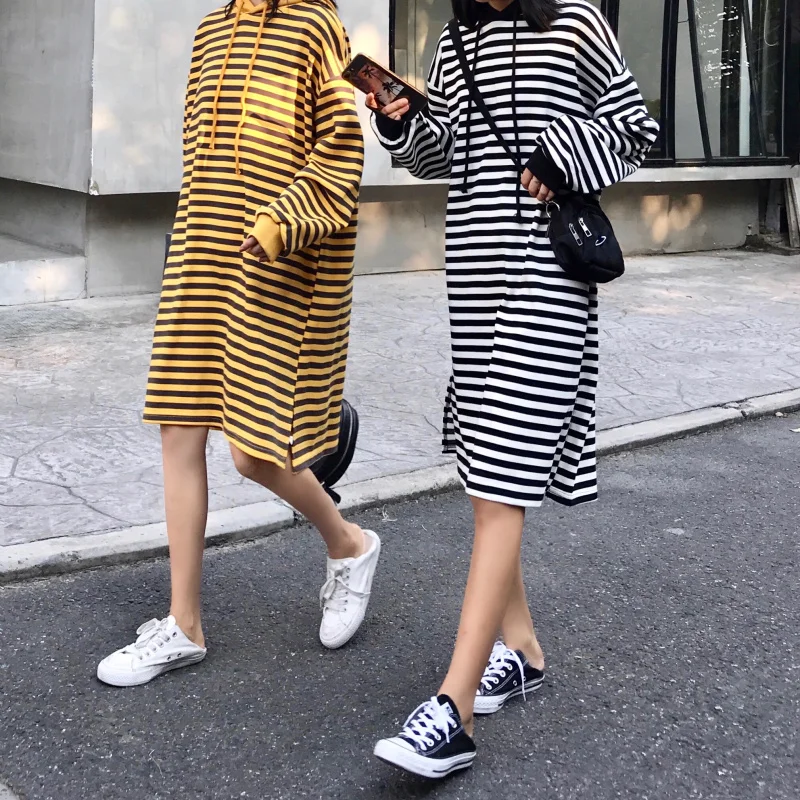 women clothes 2018 new arrival autumn korean fashion student long sleeve stripe hooded casual cotton ladies sweater dresses | Женская