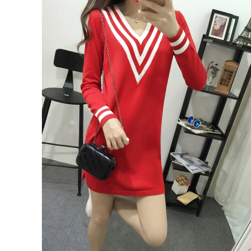 

New Arrival Navy Sailor Style Dress 2017 Preppy Style V-Neck Knitted Dresses Women Spring Long Sleeve Loose Dress School Wear