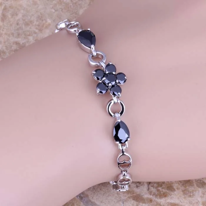 

Admirable Black Cubic Zircon Silver Plated Link Chain Flower Bracelet 6.5 - 7.5 inch Free Gift Bag S0635