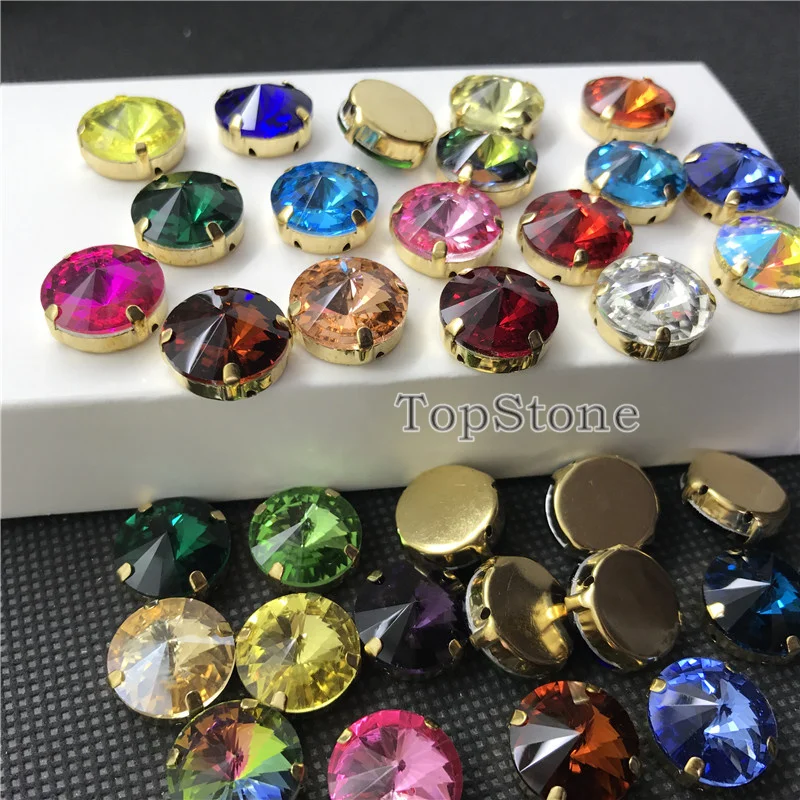 TopStone Round Rivoli Sew On Rhinestones With Gold Claw Setting 8 10 12 14 16 mm Sewing glass crystal stones for clothing | Дом и сад