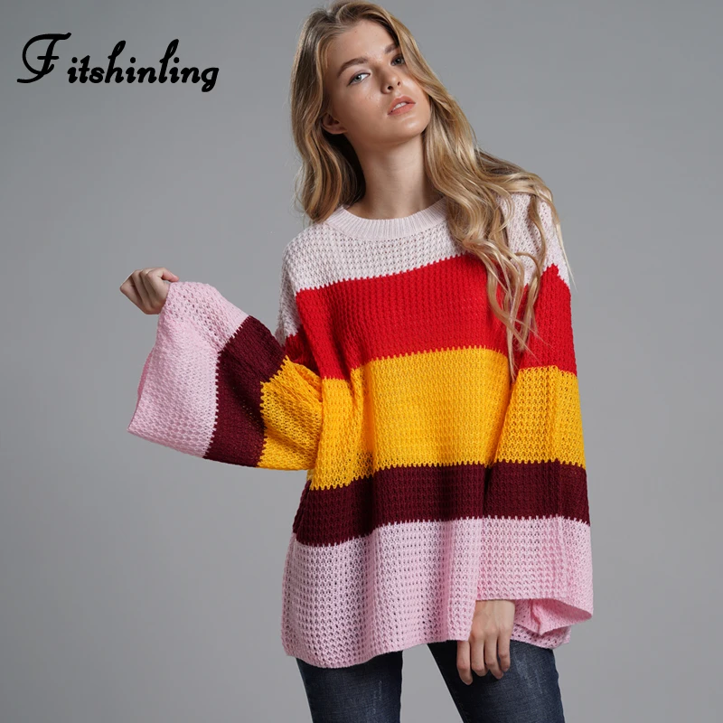 Fitshinling Rainbow Striped Fashion Sweaters Women Winter Big Size Flare Sleeve Pullover Female Streetwear BOHO Colorful Jumper