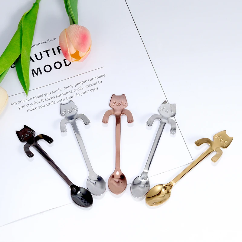 Кофейная чайная ложка CARRYWON, 1 шт., маленькая мини ложка из нержавеющей стали 304, Золотая чайная ложка с кошачьим принтом, десертная ложка, длинная медовая ручка, посуда