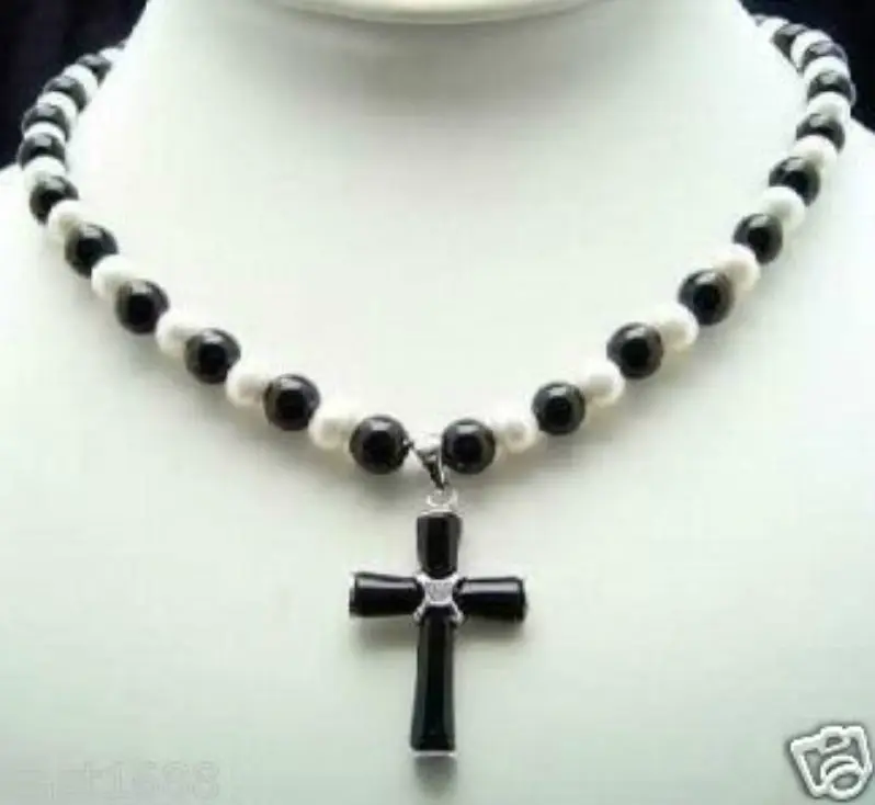 WAN белый жемчуг черный крест кулон ожерелье | Украшения и аксессуары