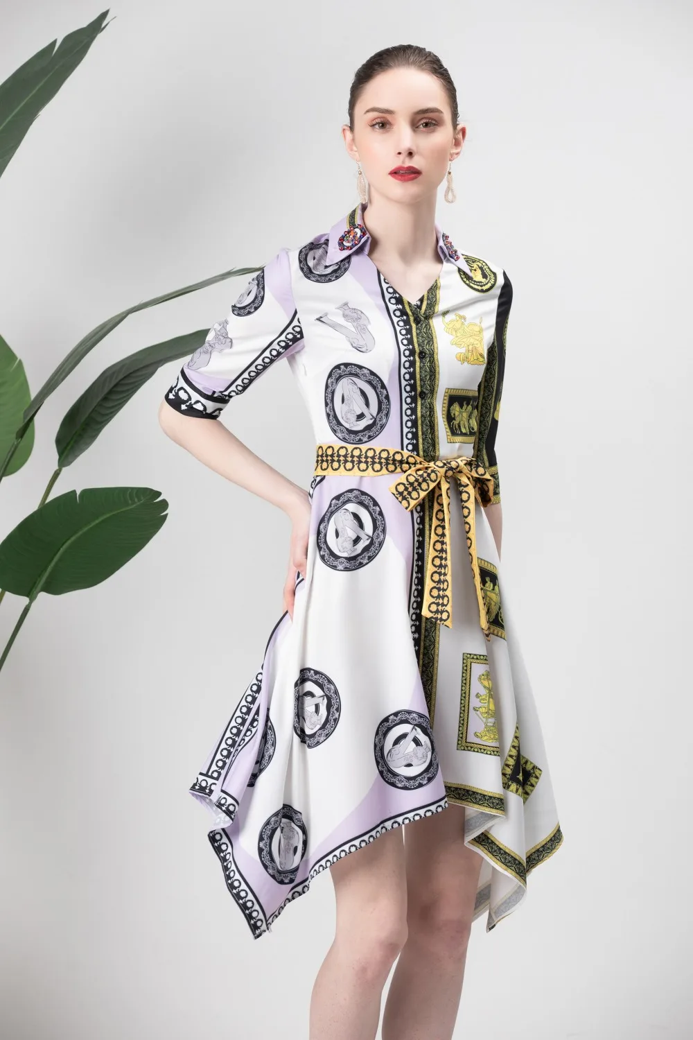 

MIUXIMAO High Quality 2019 Summer&Spring Dress Asymmetrical Newest Floral Print Eleghant Casual Dress Women vestido With Sashes