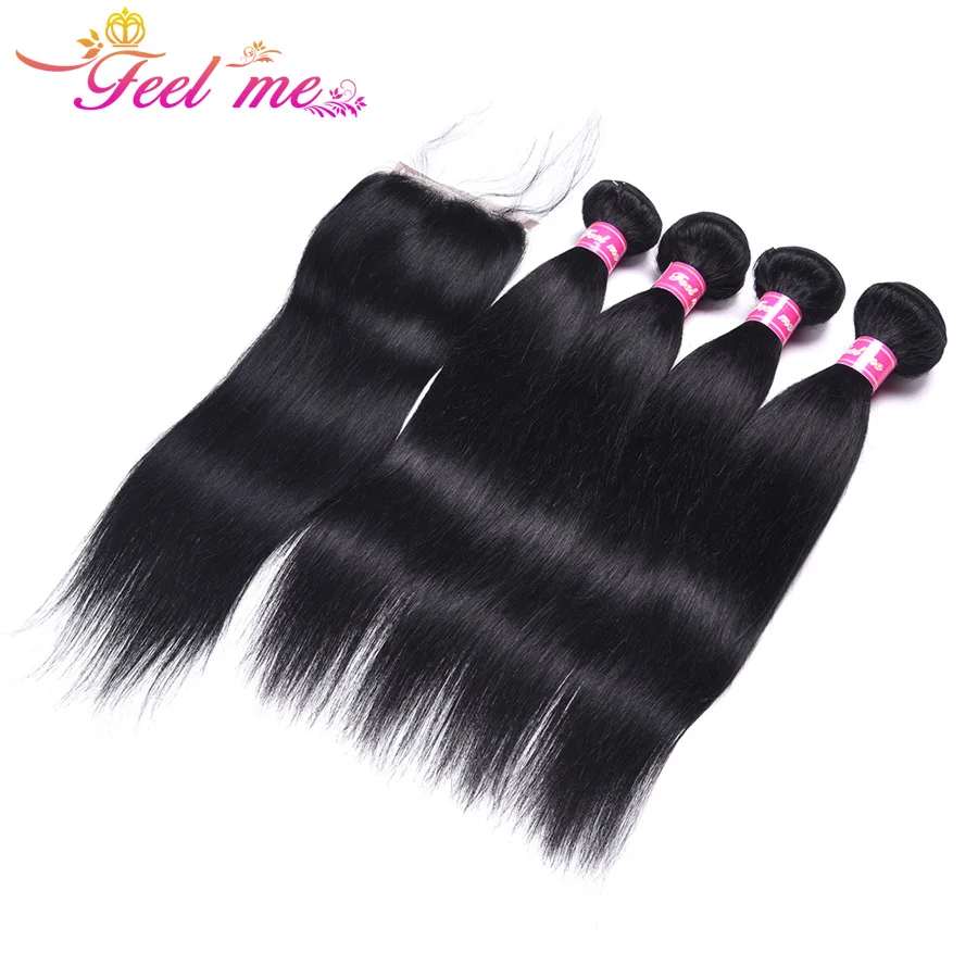 Feel Me перуанские прямые пучки волос струйные черные человеческие волосы 4 пучка с