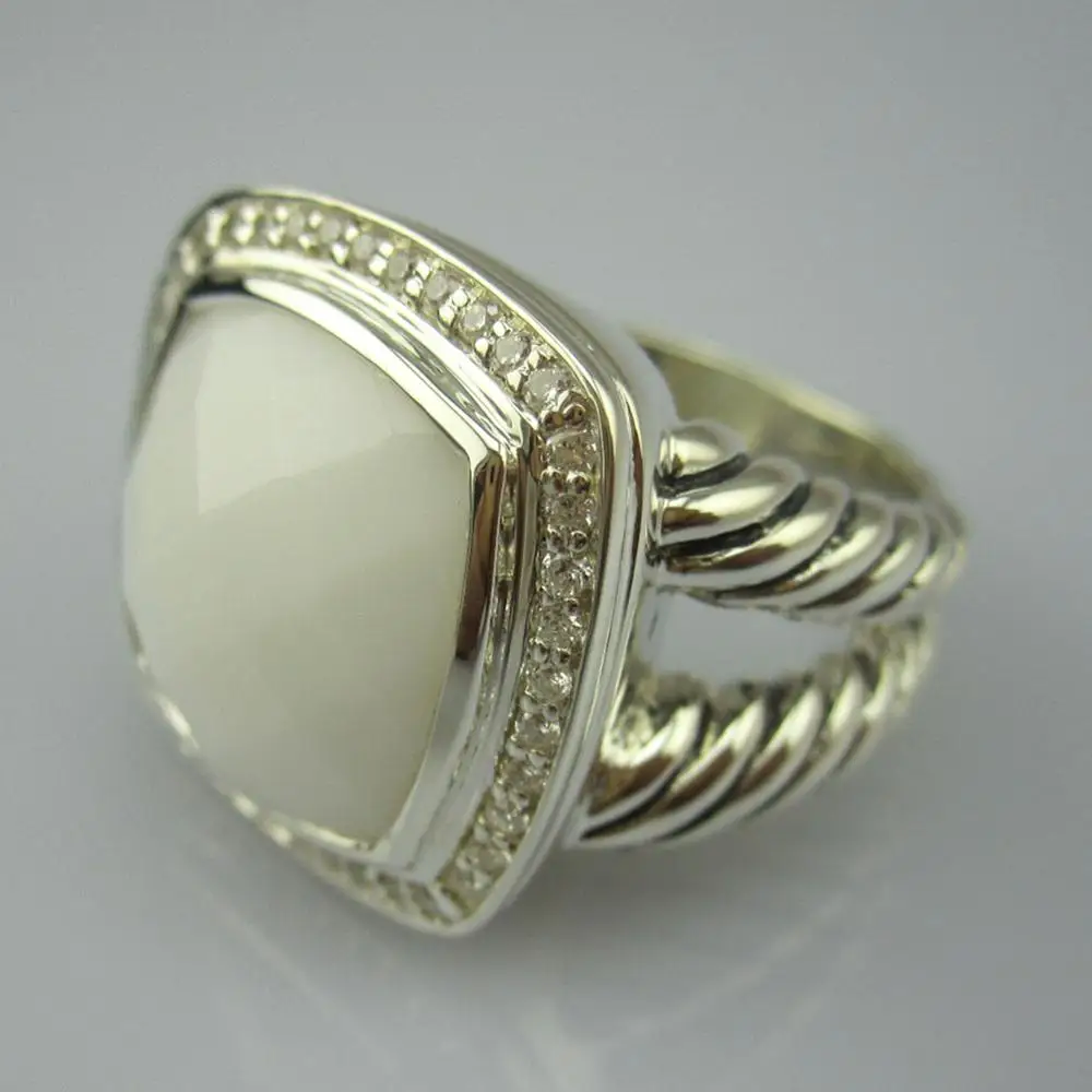 White Agate Цельное ювелирное изделие из серебра 925 пробы 14 мм кольцо с голубым топазом дизайн бренда ювелирные изделия из стерлингового серебра Аметист Черный оникс цитрин женское кольцо - Цвет камня: White Agate