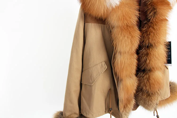 Новинка, зимняя женская меховая парка, натуральный красный Лисий мех, с капюшоном, длинное пальто, настоящая кроличья подкладка, повседневная женская теплая парка, акция