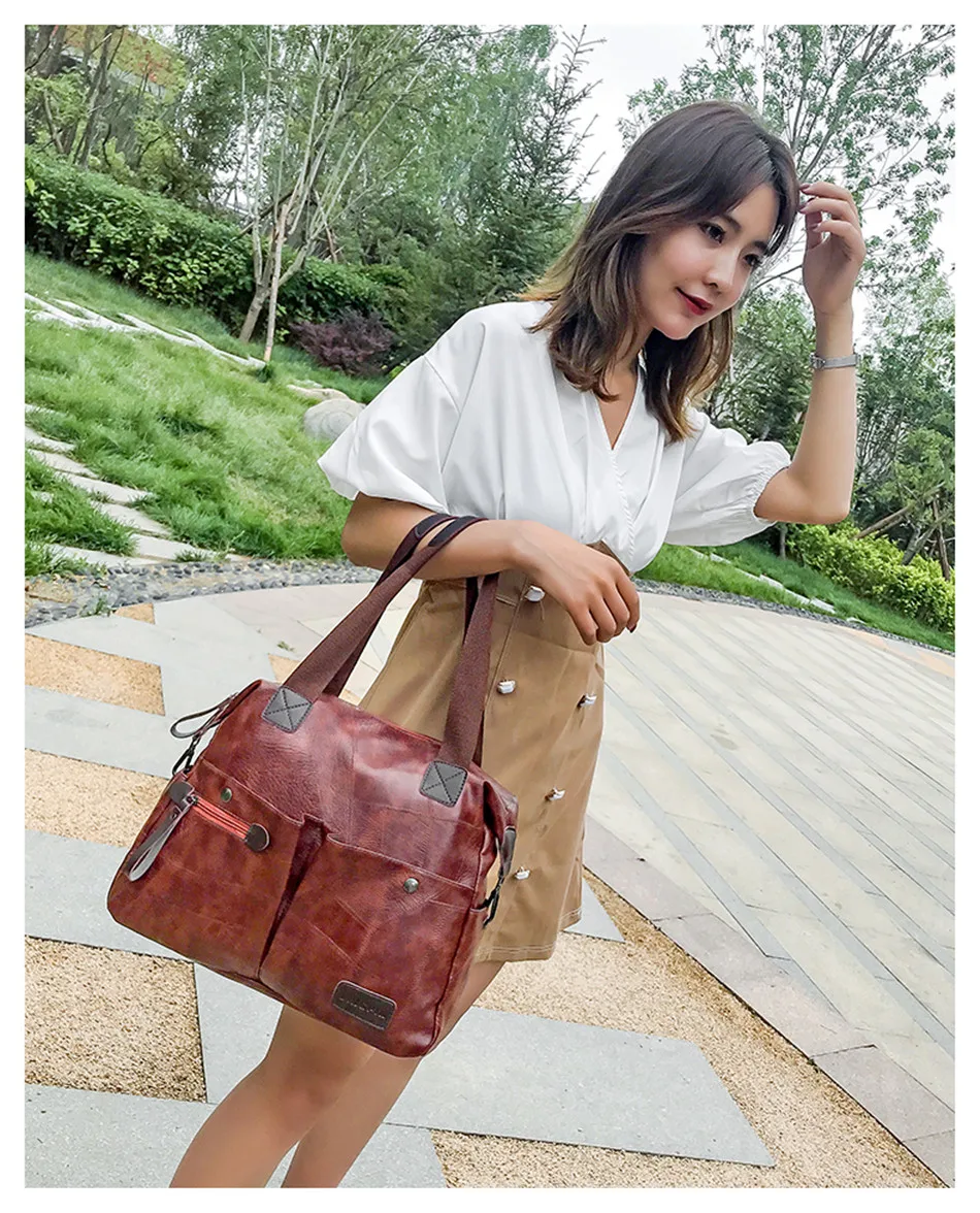 Multi-pocket Casual Large Capacity Women Tote Shoulder Bag PU Leather Ladies Handbag Messenger Bag Soft Shopping Crossbody Bag