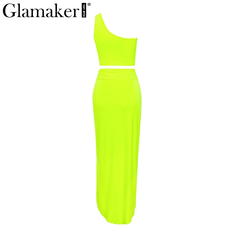 Glamaker, неоновое длинное платье на одно плечо, 2 шт., женское облегающее Клубное платье миди, летнее сексуальное укороченное платье размера плюс, нестандартные платья