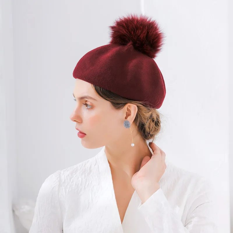 Шляпа Женская Fedoras шерстяной вязаный шарик для девушек меховые шапки с помпоном