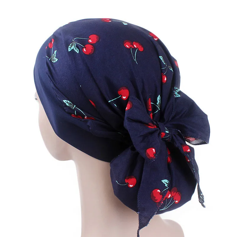Navy Blue Мусульманские женщины эластичный принт тюрбан из хлопка шляпа шарфы предварительно завязанная Рак шапочка при химиотерапии головной убор с покрытием аксессуары для волос - Цвет: Navy Blue