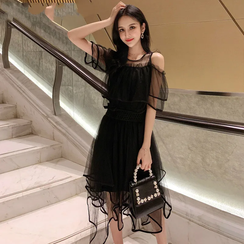 Женский Асимметричный комплект из двух предметов черная блуза с рюшами на