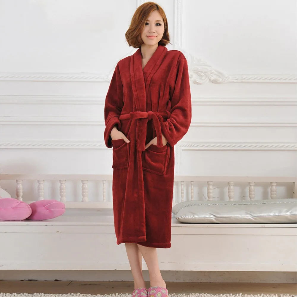 YJSFG HOUSE Women Men Flannel Bath Robe Sleepwear Autumn Solid Thick Plush Couple Bathrobe Winter Warm Female | Женская одежда
