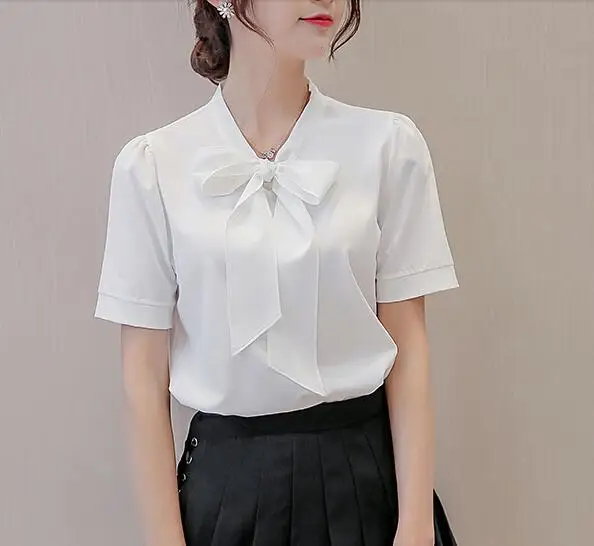 Новинка 2018 женская шифоновая блузка с длинными рукавами круглым вырезом и бантом