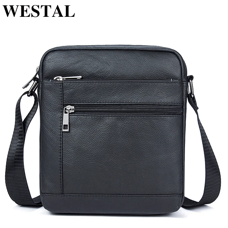 WESTAL Men's Shoulder Bags Small Men's Bag Genuine Leather Black Crossbody Bags for Men Flap Man Messenger Bag Male Leather 7604