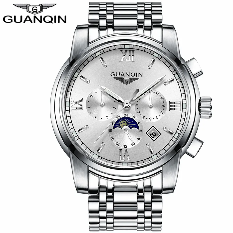 SILVER WHITE GUANQIN часы для мужчин люксовый бренд автоматический самоветер бизнес нержавеющая сталь Водонепроницаемый механические наручные часы для мужчин часы - Цвет: SILVER WHITE