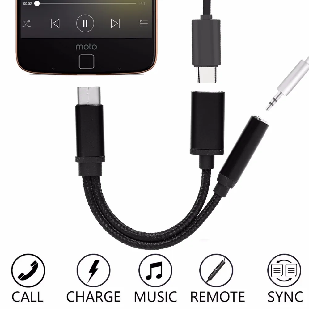 Anskp 2in 1 USB Type C to 3.5mm Nylon Braided Audio Adapter Fast Charge Jack Headphone for Motorola MotoZ Letv | Электроника