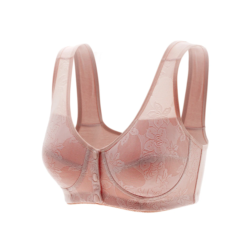 Perfering Women's Front Closure Wireless Lace Plus Size Bra Cotton Front Button Bra Solid Lingerie Leisure Bh 75 80 85 90 95 100 - Цвет: PINK