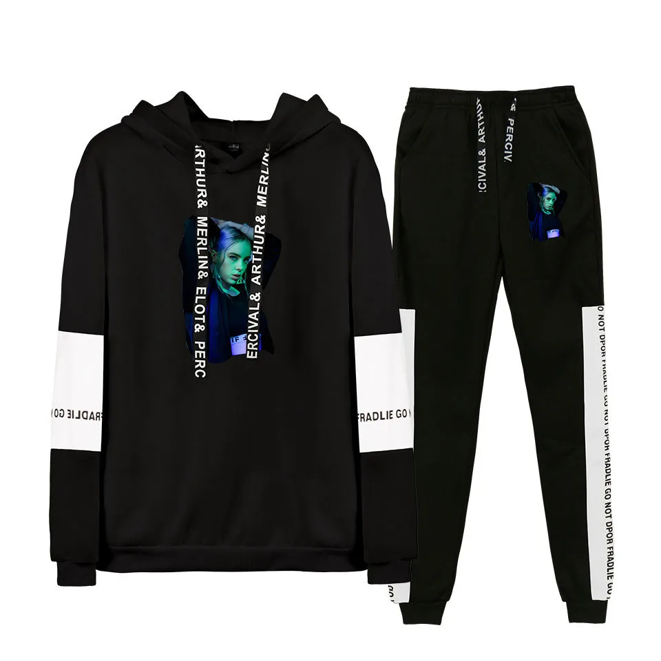 Billie Eilish/мужские комплекты с принтом Повседневная куртка с капюшоном для мужчин и женщин, спортивный костюм из 2 предметов, спортивные толстовки, толстовка, штаны, костюм для бега