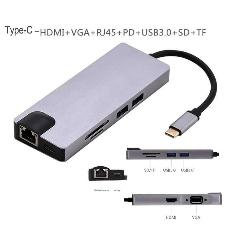 USB C 8in1 gray Baolyda USB C концентратор к HDMI адаптер Тип C многопортовый док-станция к 4K HDMI 1000 Мбит/с Ethernet VGA USB 3,0 для MacBook Pro/диск/клавиатура - Цвет: USB C 8in1 gray
