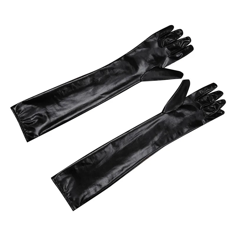 Унисекс, для взрослых, Wetlook, лакированная кожа, полный палец, длинные перчатки, мужские, блестящие, металлические, вечерние, для клуба, перчатки, варежки, 1 пара, черные
