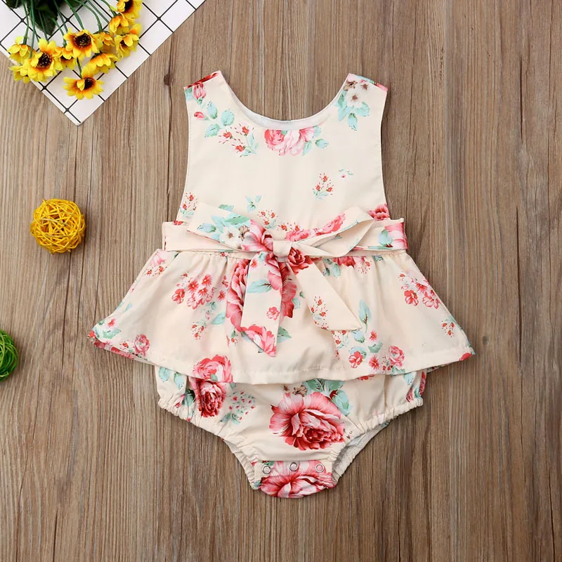 Focusnorm Newborn Baby Girl 0-24M Ruffle Romper Sleeveless Bow Print Floral Summer Jumpsuit Sunsuit Outfits Clothes | Детская одежда и