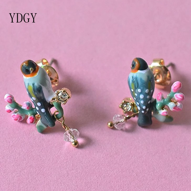 YDGY медная плавильная эмаль птицы, плавники, вишневые розовые серьги, Серебряная игла