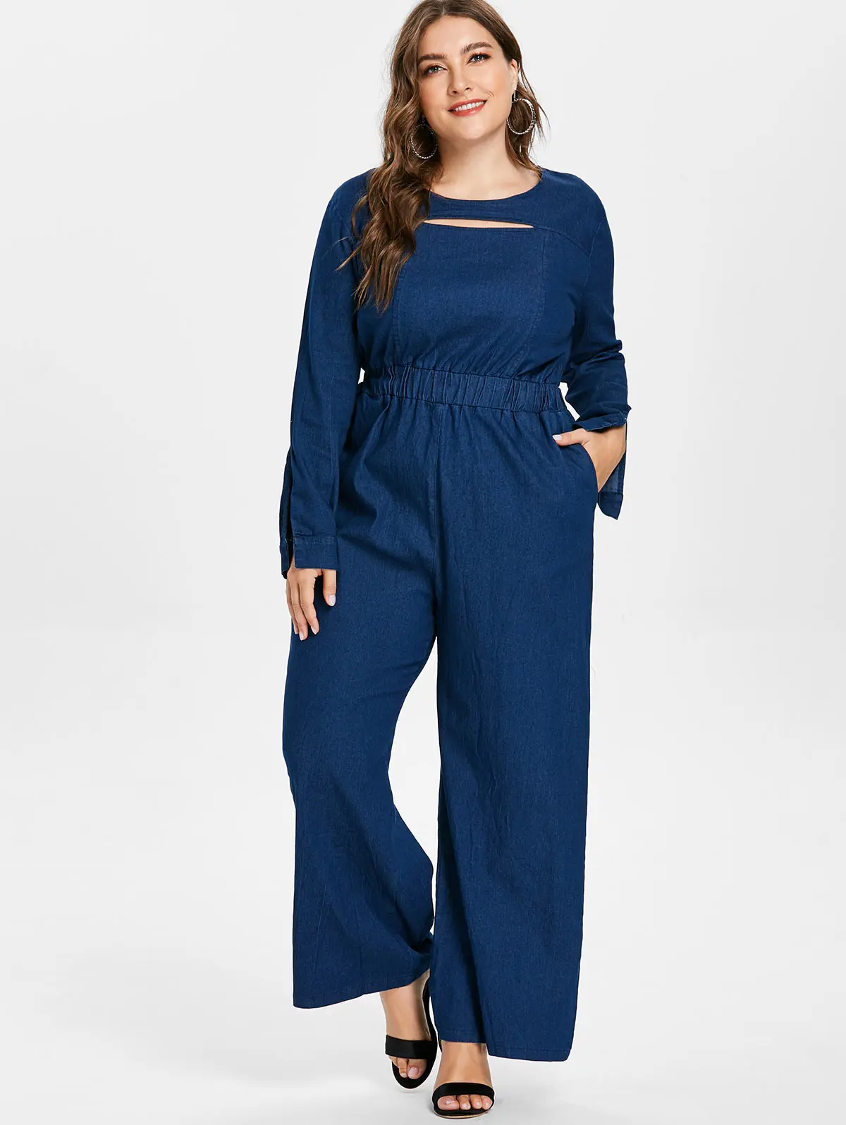 Женский джинсовый комбинезон с длинным рукавом широкими штанинами и эластичным