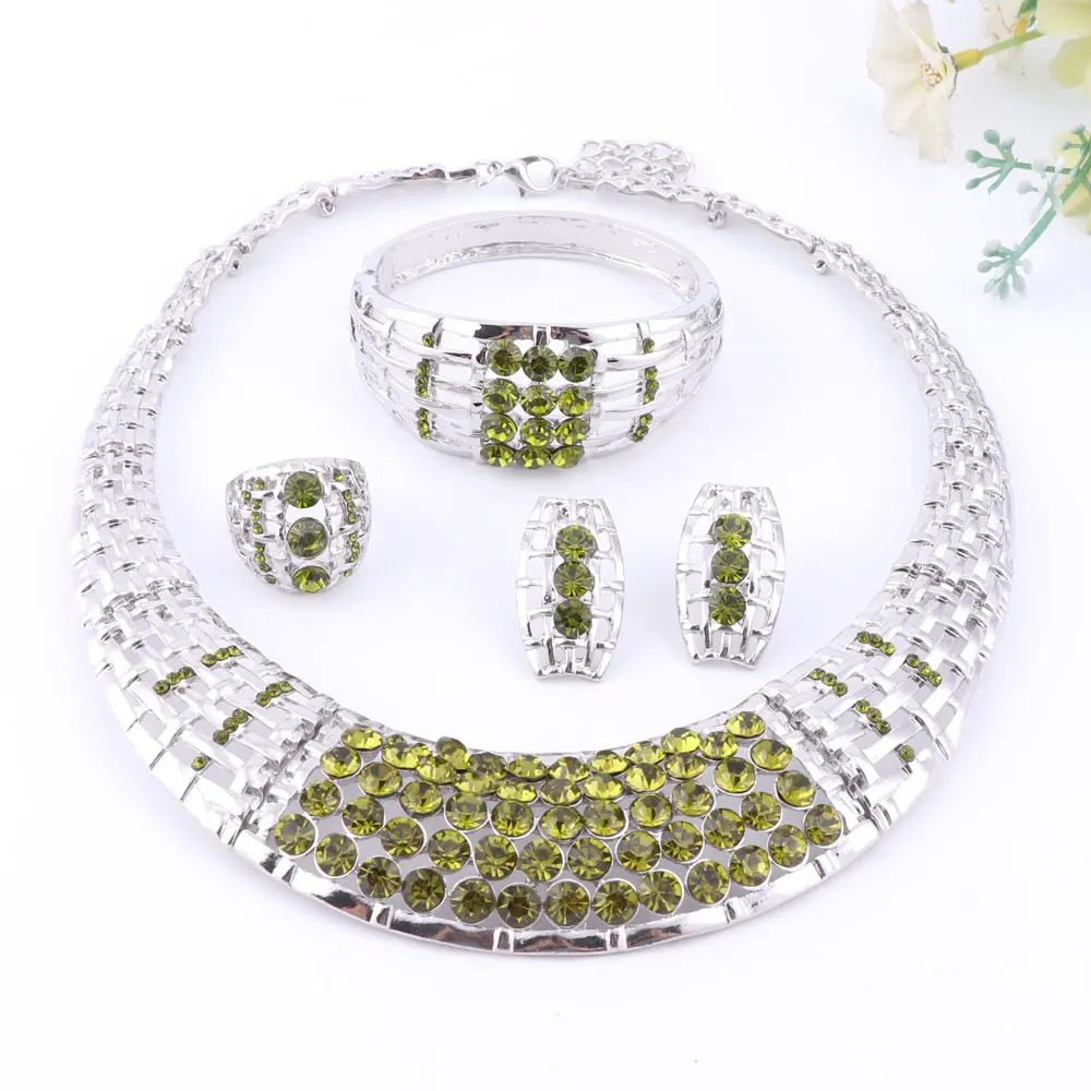 Женский комплект ювелирных украшений с зелеными кристаллами ожерелье золотого