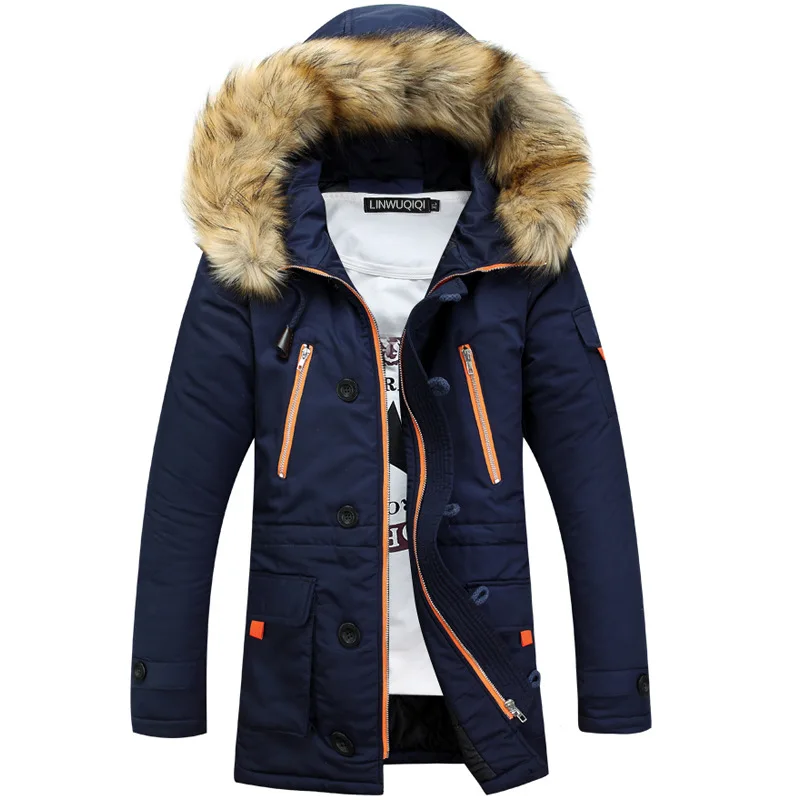 

Утепленная Мужская парка, мужская зимняя куртка 2021, мужская верхняя одежда с меховым воротником, повседневное длинное хлопковое стеганое М...