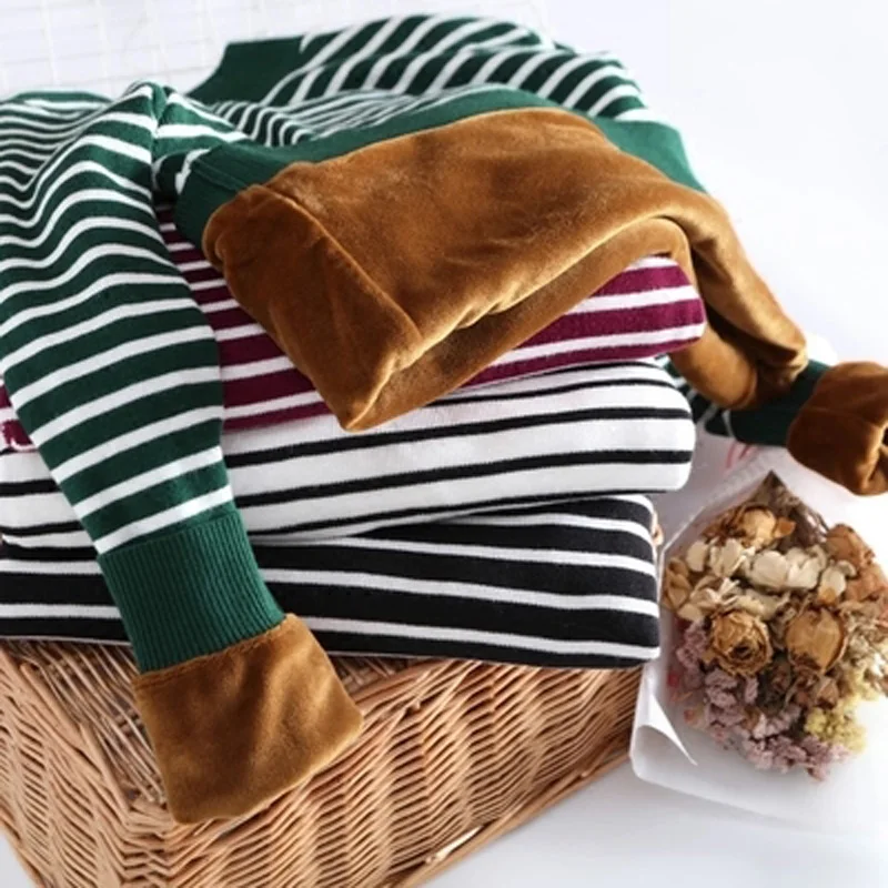Women Autumn Winter Striped Thick Warm Knitted Pullover Sweaters Ladies Crochet With Velvet Sweater Female High Quality | Женская одежда