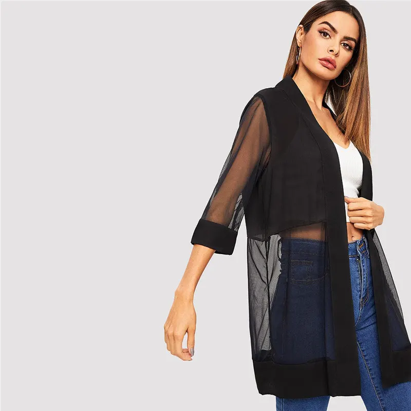 SHEIN Однотонная Накидка Летнее Пальто Кимоно С Прозрачными Вставками Длинное Кимоно С Длинным Рукавом
