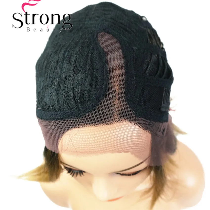 StrongBeauty боб парик на кружеве с L часть парик на шнурке Омбре блонд черный корень ручная вязка невидимые Синтетические прямые парики