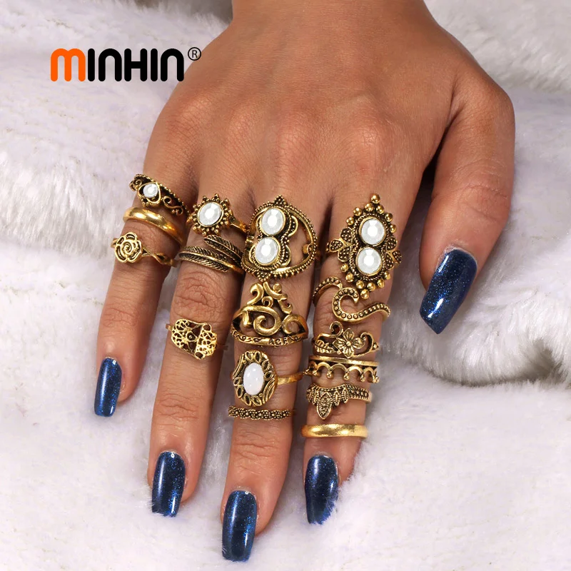 MINHIN 16 PCS/Set Vintage Knuckle Opal Finger Ring Set Flower Heart Design Rings For Women Ethnic African Wedding Jewelry |