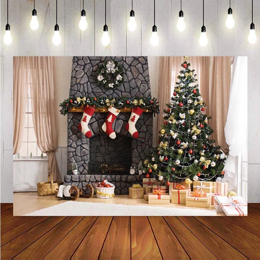Фон для фотосъемки с рождественской елкой задник камина декоративный носок