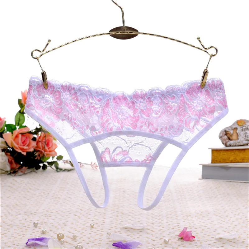Women's Sexy Lingerie Hot Embroidery Open Crotch Erotic Panties Lace Transparent Thongs And G Strings Crotchless Sex Underwear