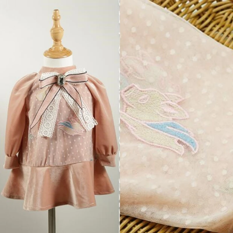 2019 New style light pink cartoon pig cute embroidery mesh lace fabric girl kid dress wear DIY hot sewing material 1 yard | Дом и сад