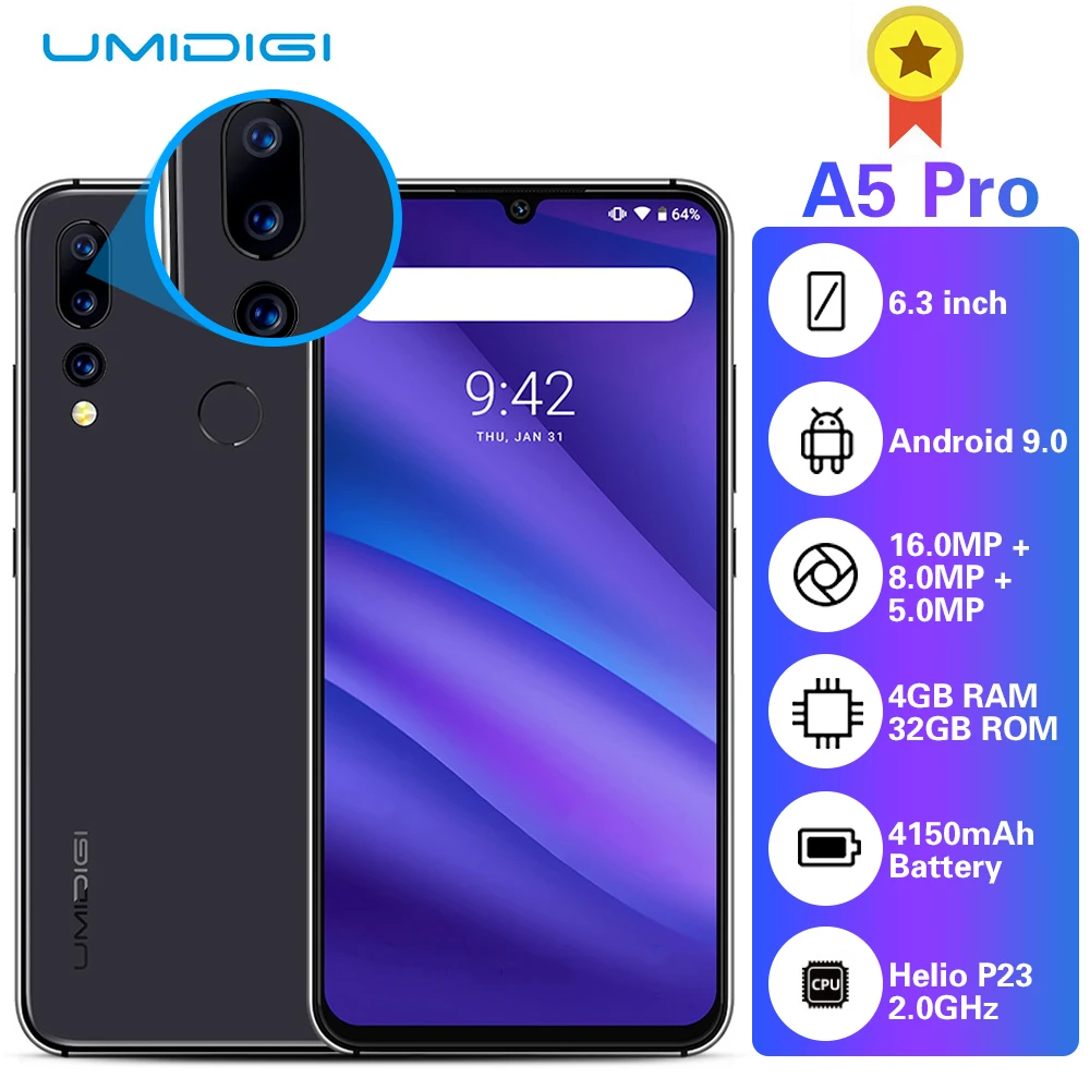 UMIDIGI A5 PRO 4G Phablet 6 3 дюймов Android 9 Helio P23 ARM Mali 4 Гб RAM 32 ГБ ROM 16 0 Мп + 8 МП 5 задняя камера