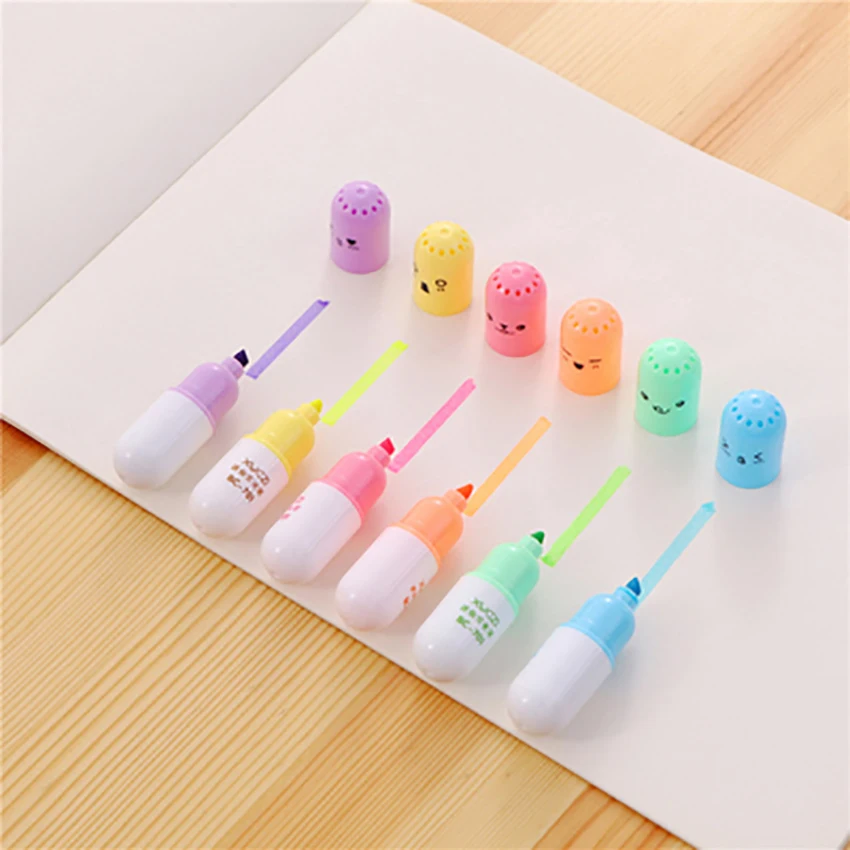 

6pcs/set Cartoon Mini Highlighters Office Supplies Marker Pen Students Stationery Vitamin Pill Fluorescent Pens for Kids DIY