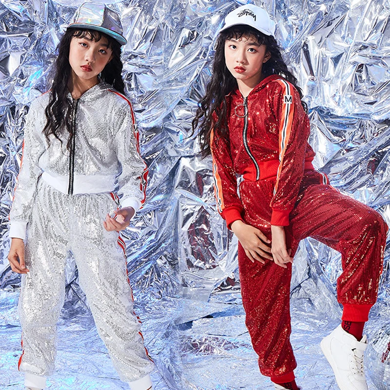 

2019 Sparkly Girls Hip Hop Dance Costumes Sequin Clothes Suit Long Sleeve Jazz Clothing Street Dance Red Stage Costume BL1765