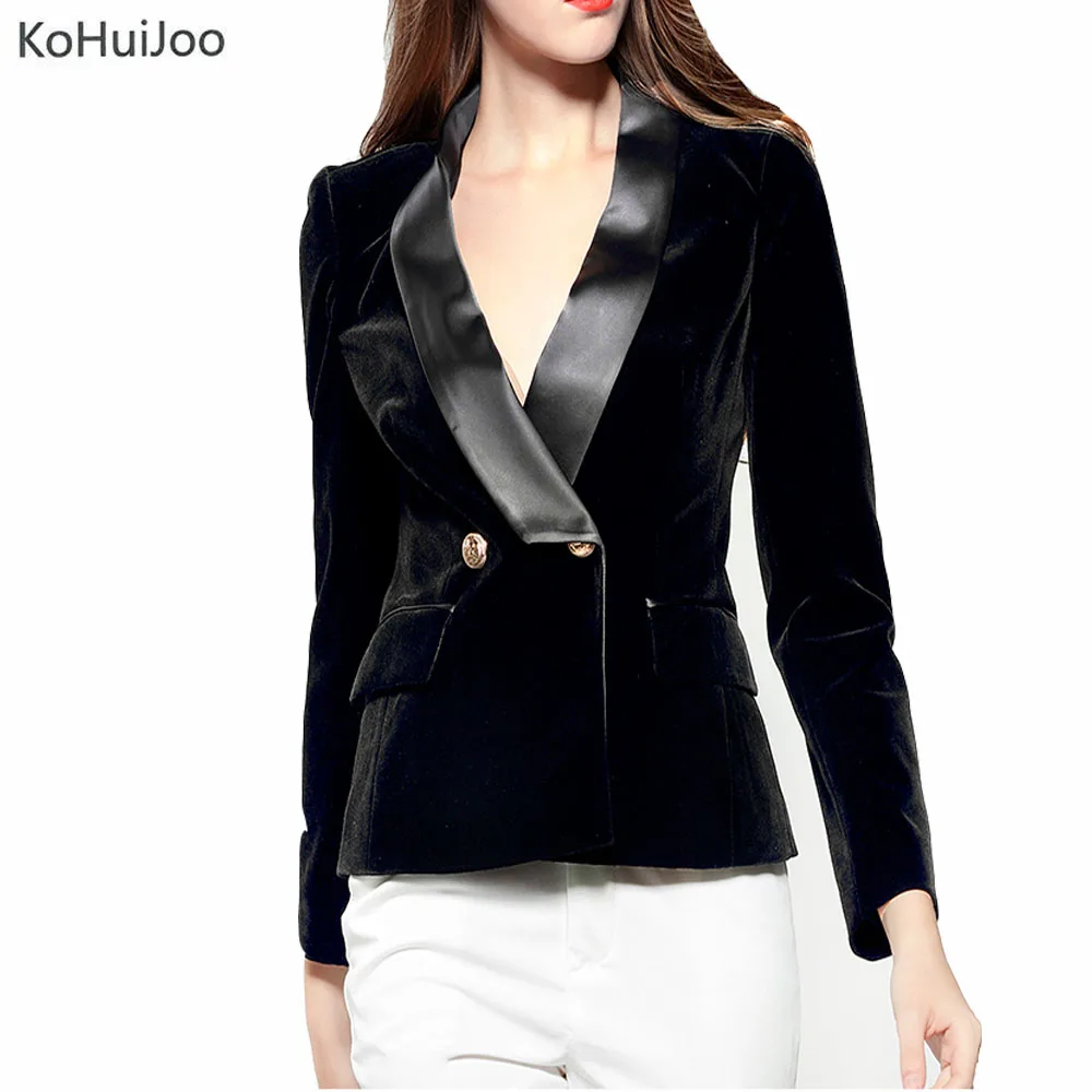 

KoHuiJoo Slim Black Women's Blazers and Jackets Long Sleeve Double Breasted Basic Solid Office Female Formal Velvet Jackets Lady