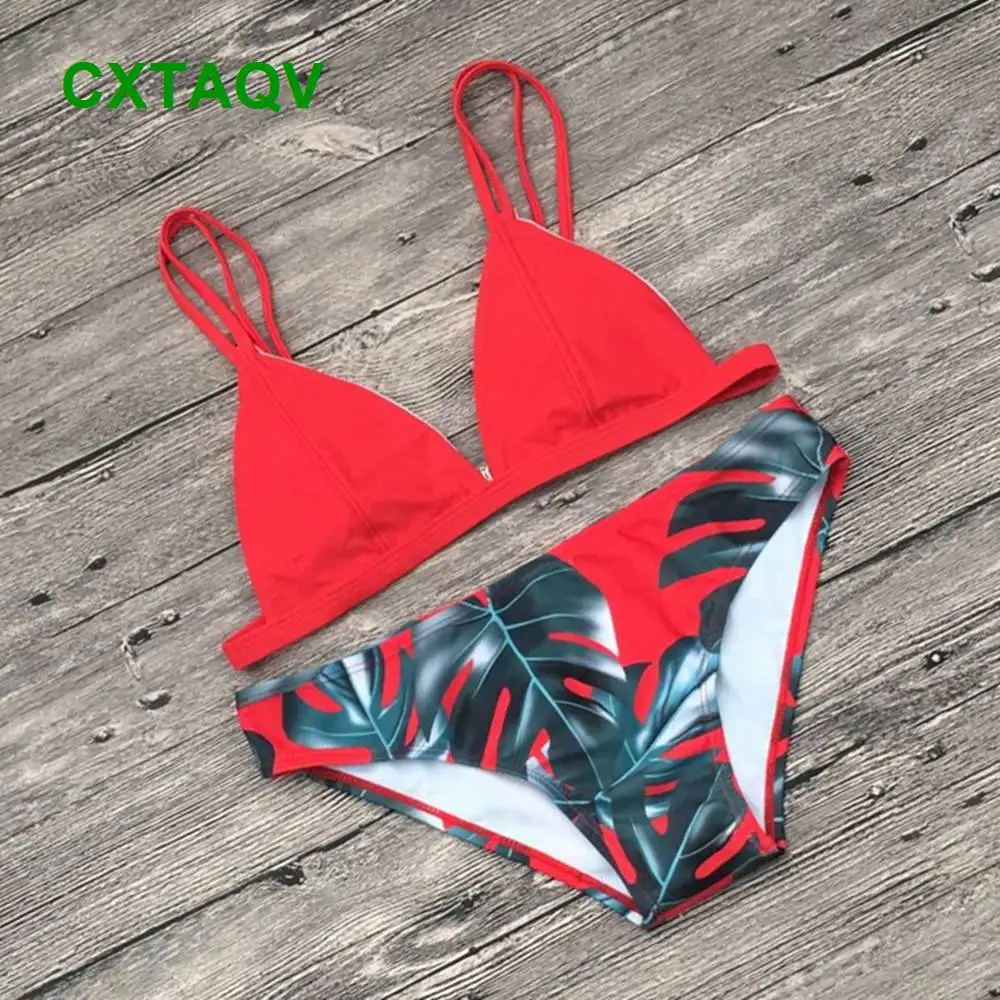 2018 с низкой талией однотонный топ принтом листьев треугольный низ бикини